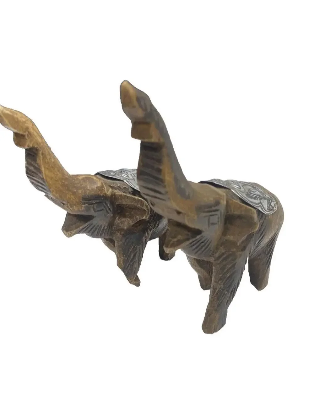 Wooden Elephants Hand Carved 2pc set Vintage *As is